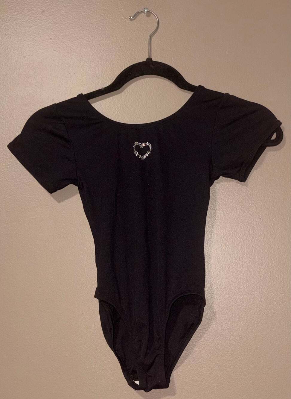 Jacques Moret Girls Black Short Sleeve Rhinestone Heart Dance Leotard